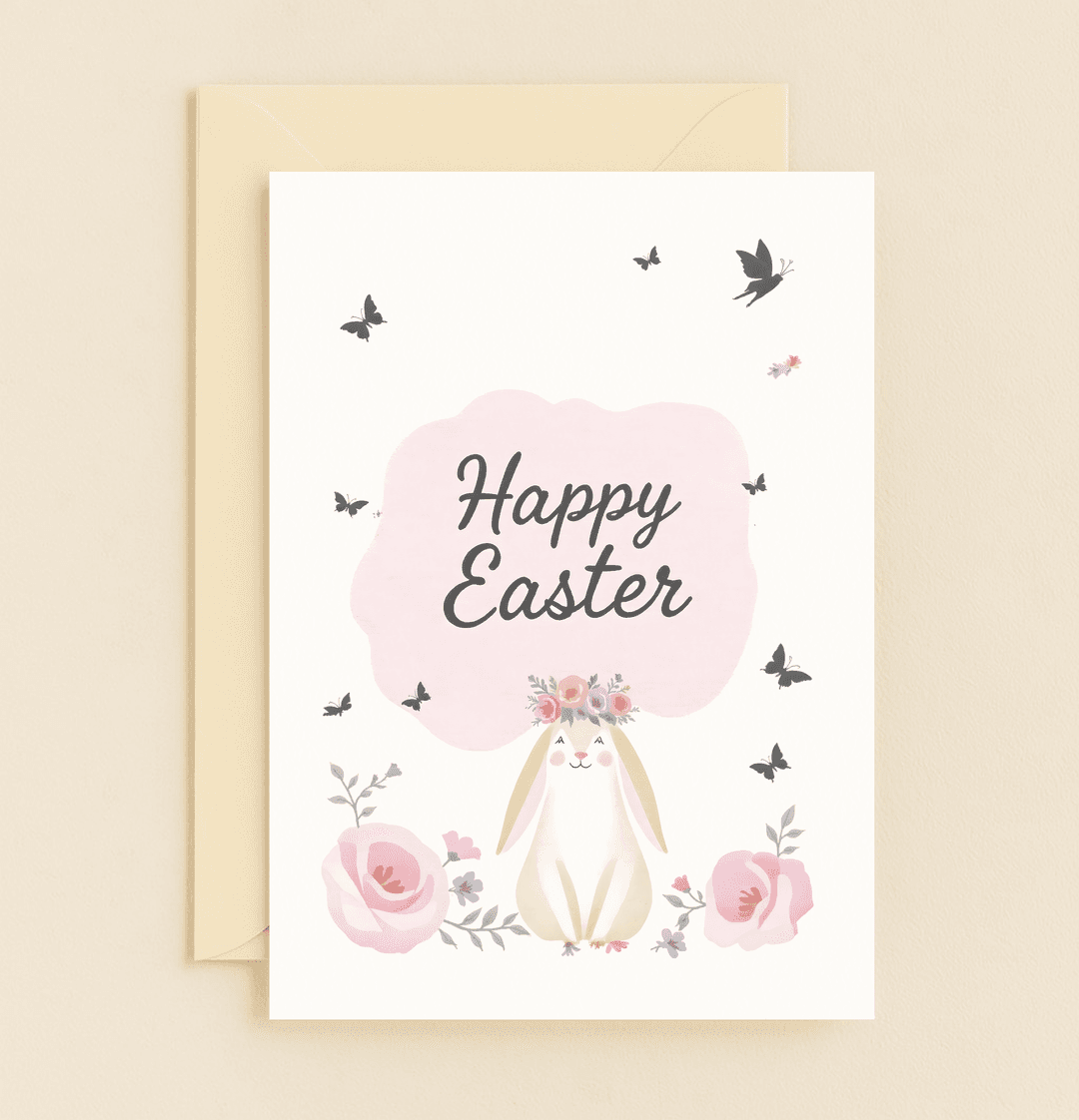 Celebrate Easter with a charming watercolor card featuring a flower-crowned bunny, vibrant blooms, and playful butterflies, perfect for spreading festive joy.