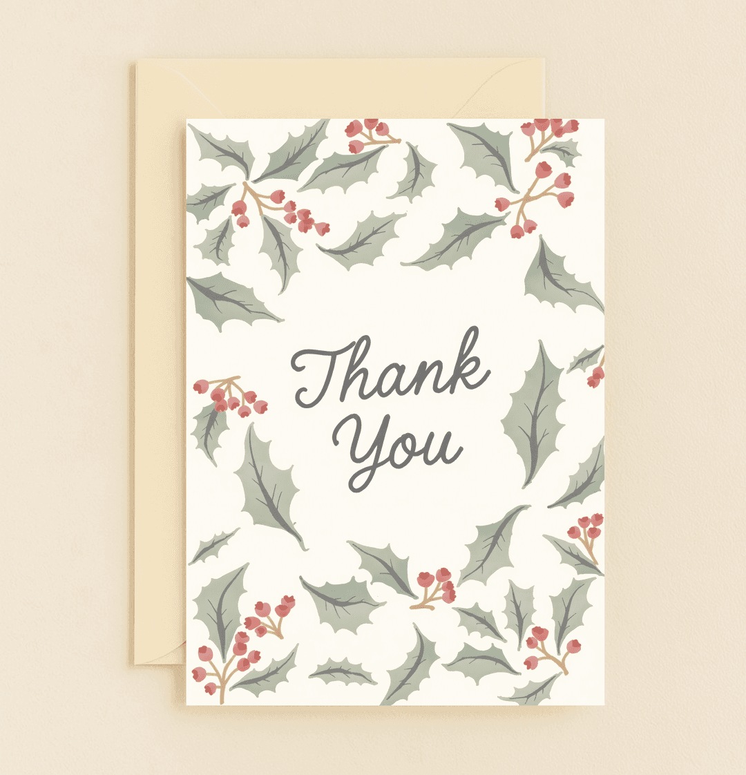 Express heartfelt gratitude this holiday season with our elegant "Winter Warmth in Gratitude" card, adorned with holly leaves and red berries.