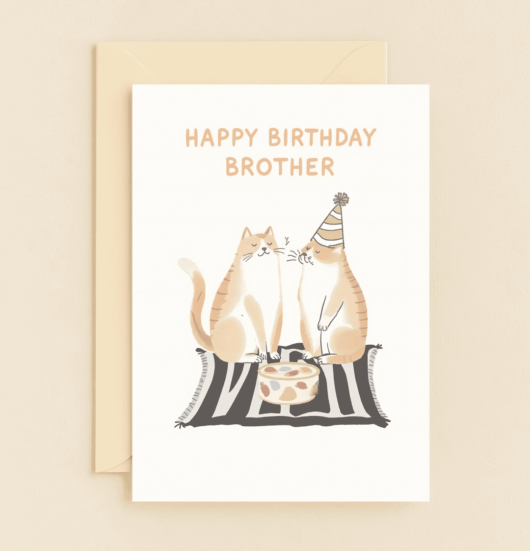 Celebrate your brother's special day with playful feline charm and pun-filled birthday wishes in this cute cat-themed card.