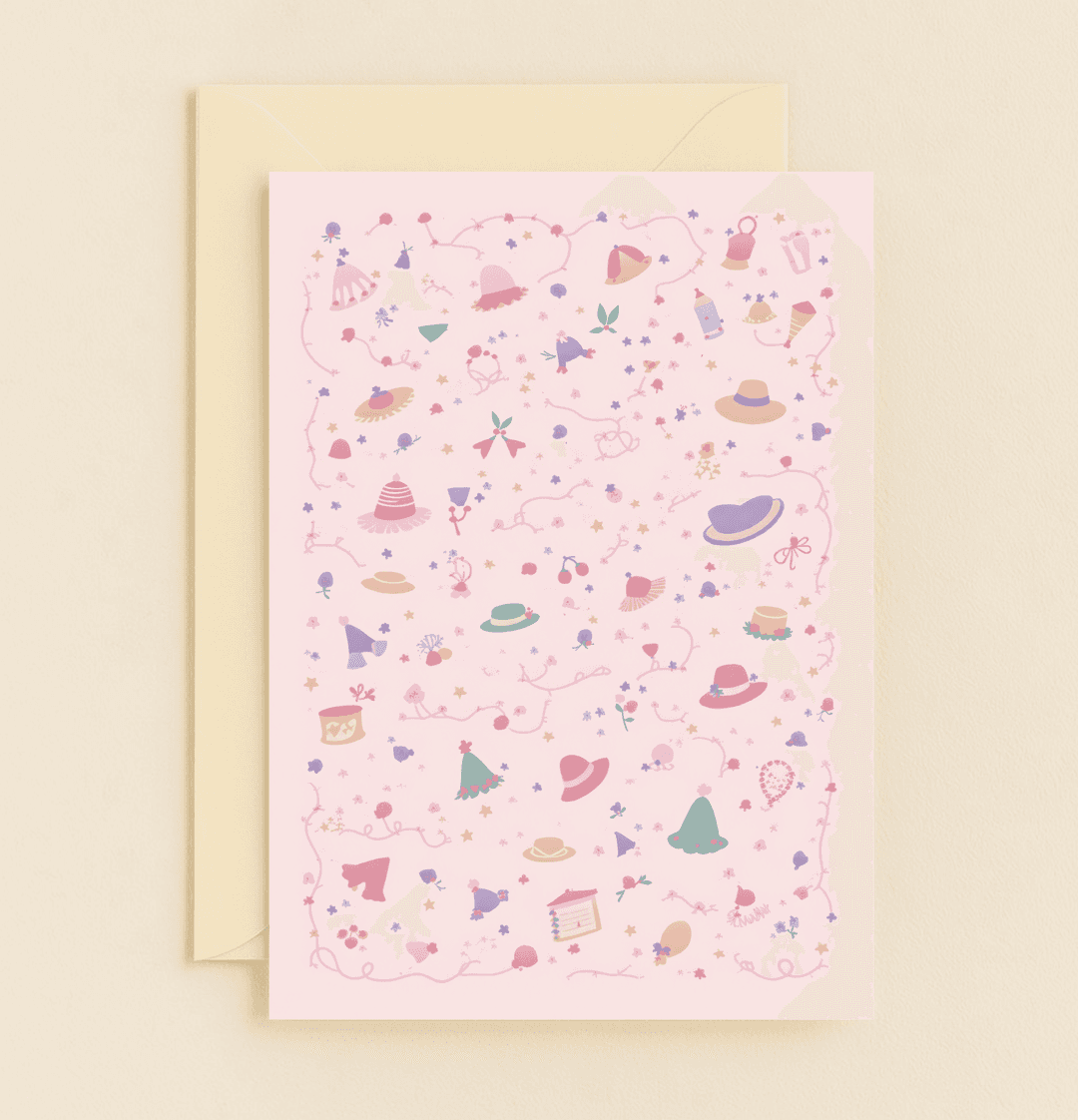 Celebrate Mother's Day with our "Hats Off to You, Mom!" card, featuring whimsical hats, flowers, and berries on a pastel pink canvas of joy and love.