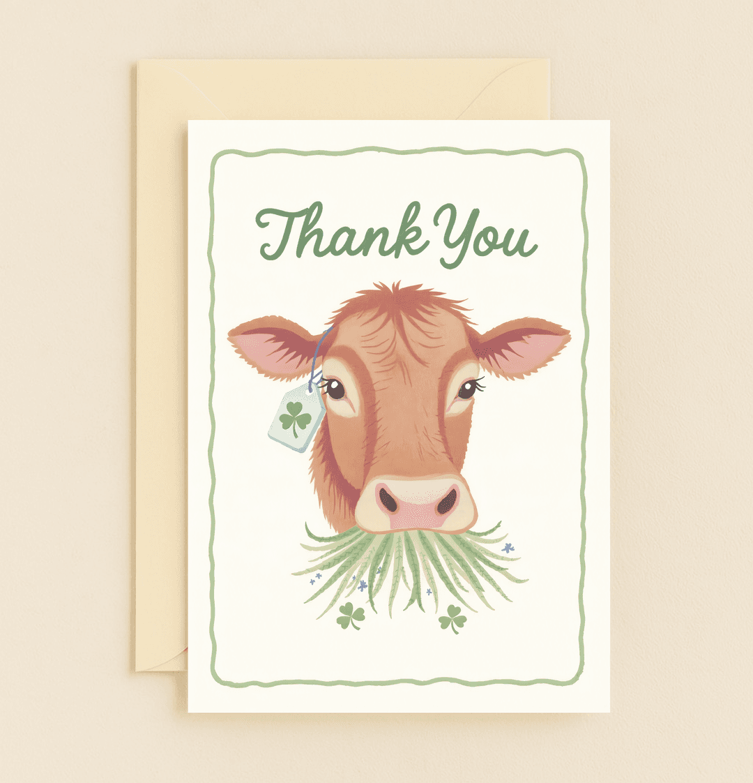 Express gratitude with a smile using this charming cow-themed card featuring playful wordplay, pastoral charm, and an elegant "Thank You" in green cursive.