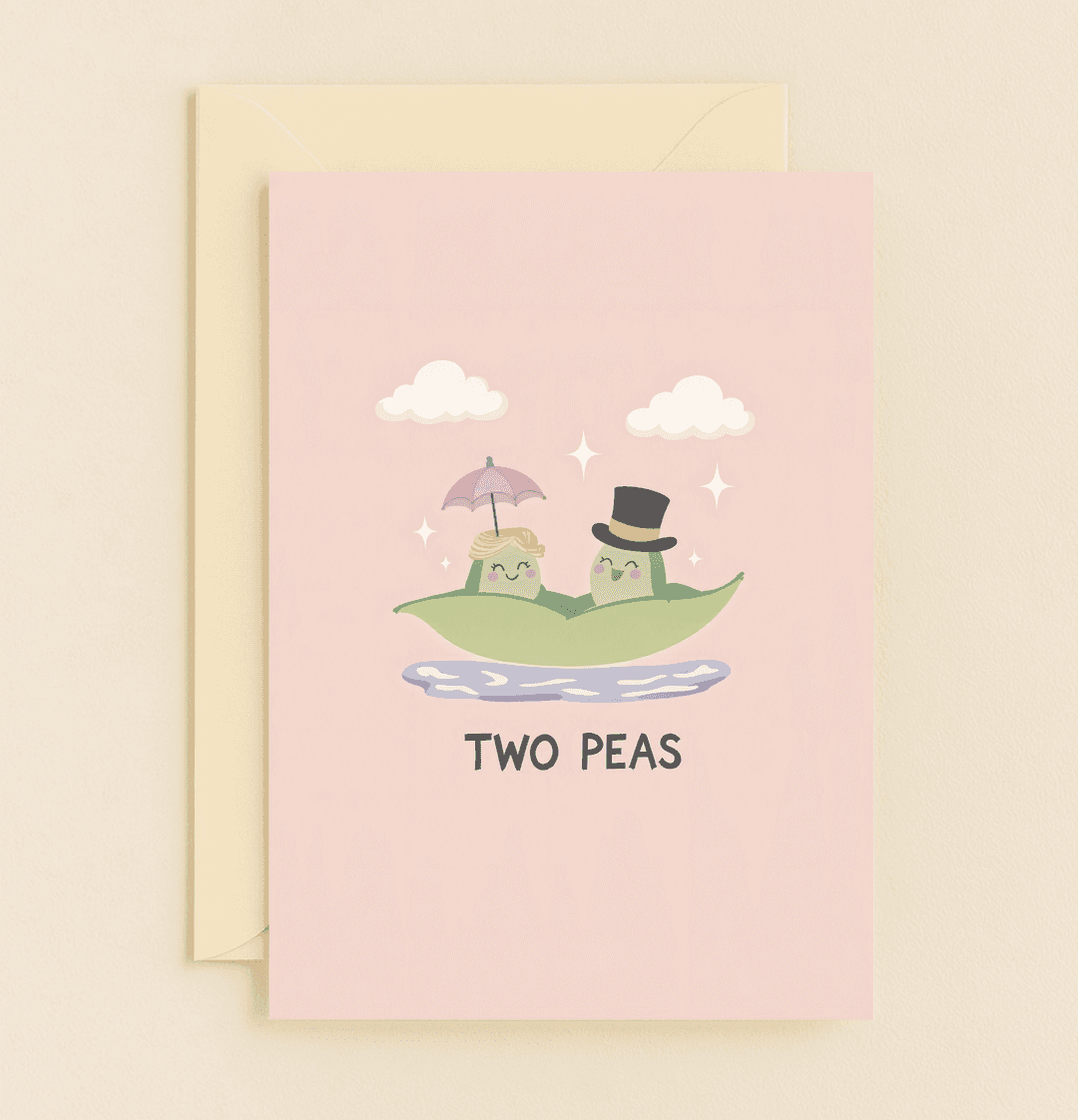Celebrate your perfect pairing with this whimsical anniversary card featuring two charming peas in a pod, complete with a pink umbrella and top hat.