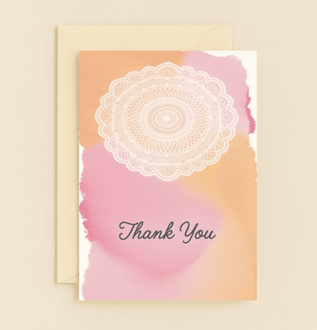 Express heartfelt gratitude with this elegant card, featuring a textured watercolor backdrop, intricate lace mandala, and graceful cursive script.