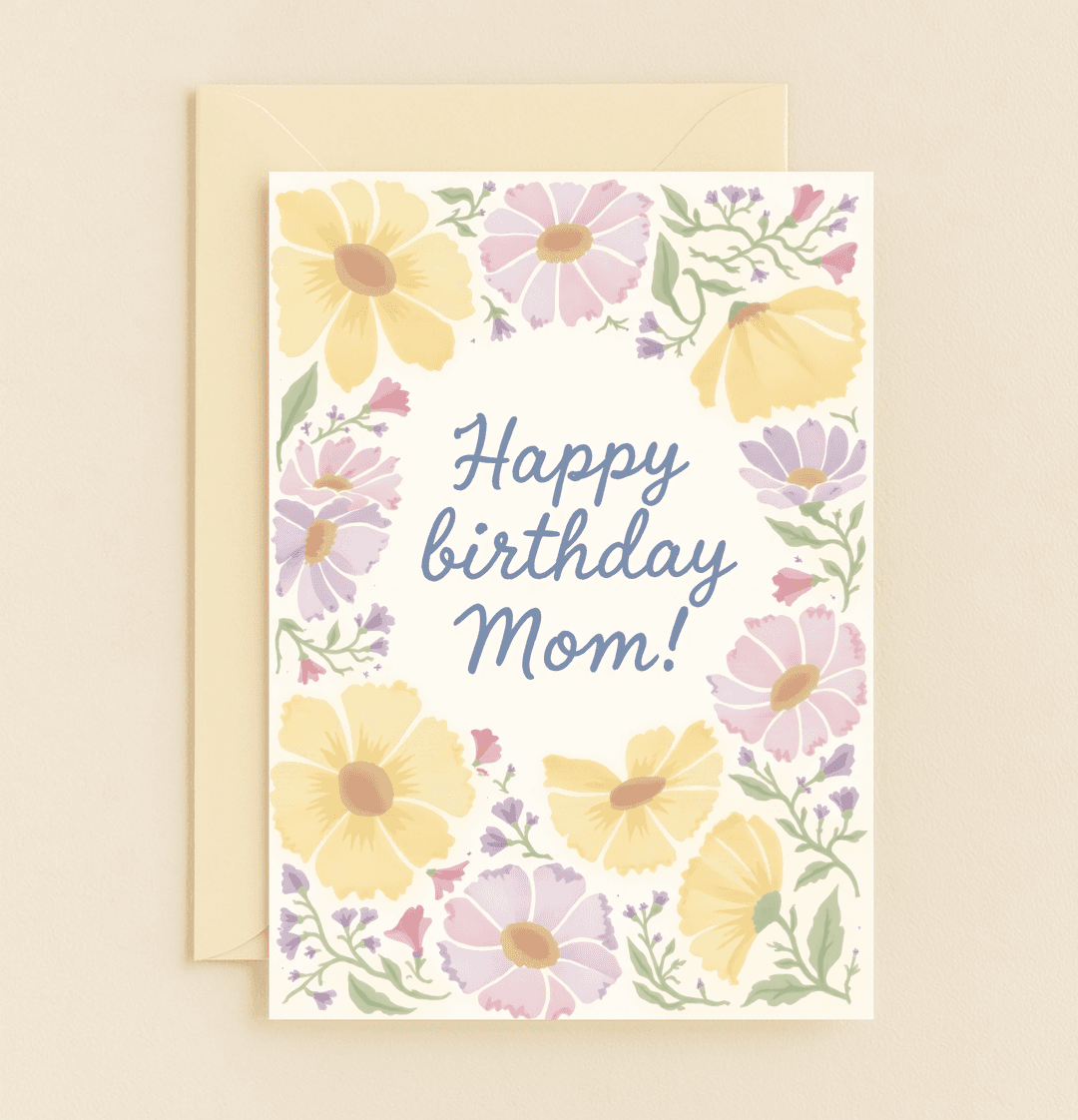 Celebrate Mom's special day with a vibrant, hand-painted floral card featuring whimsical blue script and a cheerful garden-inspired border.
