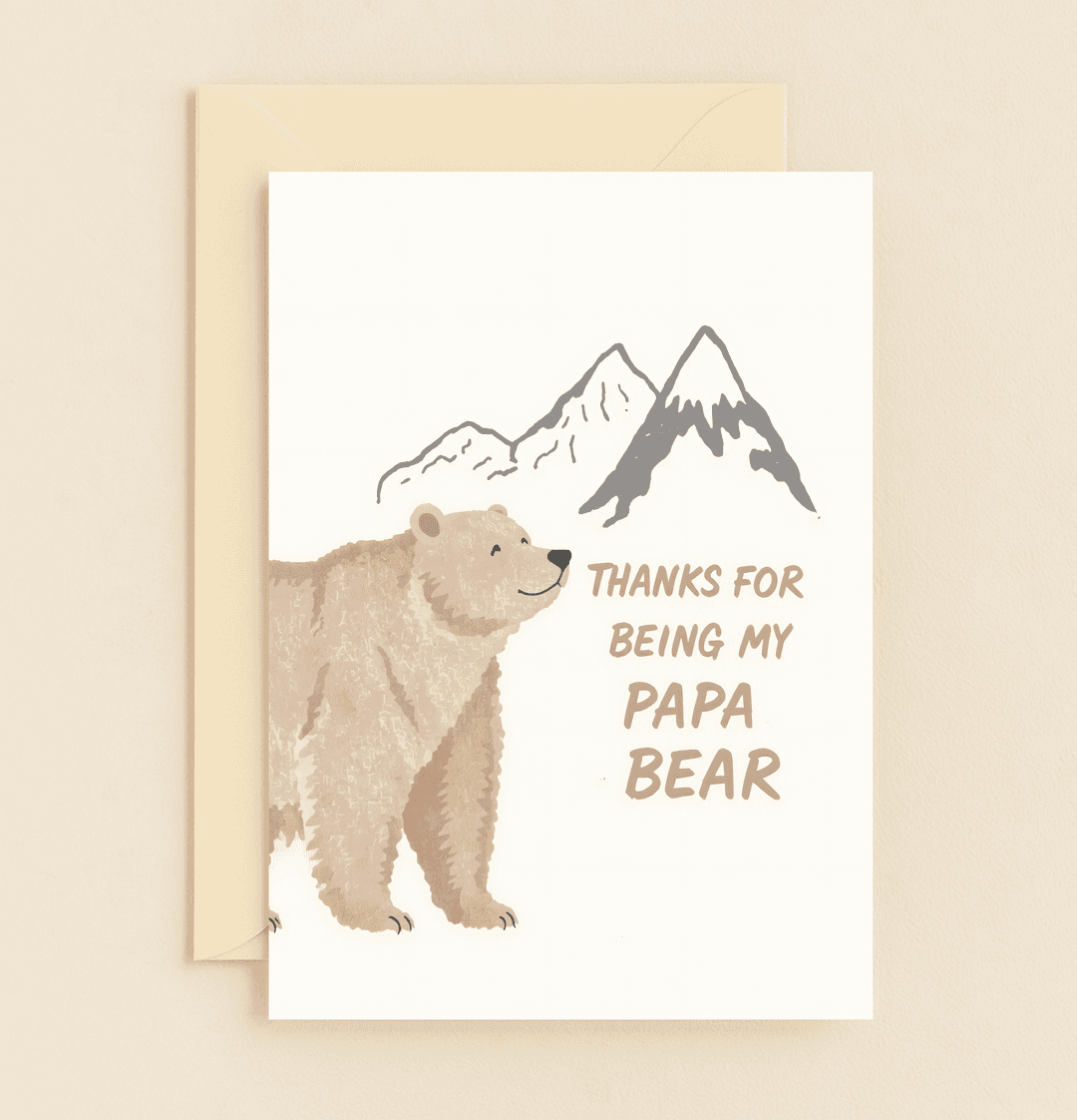 Celebrate Father's Day with "Grizzly Hugs for Dad," featuring a warm bear embrace and mountain charm, perfect for outdoorsy dads who love a pun.