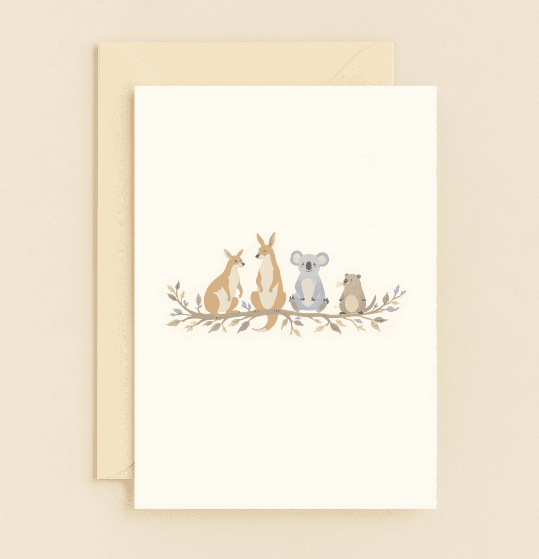 Celebrate Father's Day with a whimsical card featuring charming Australian wildlife, including kangaroos and a koala, perched on a leafy branch.