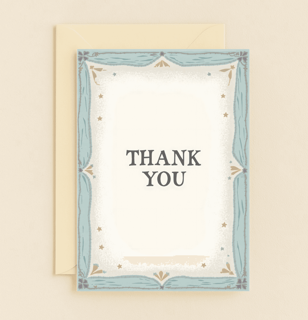 This elegant thank you card features a cream background with intricate blue and beige floral and star motifs, perfect for expressing heartfelt gratitude.