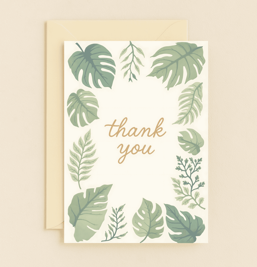 Express sincere gratitude with this elegant thank you card, featuring tropical green leaves and a stylish handwritten font on a soft beige backdrop.