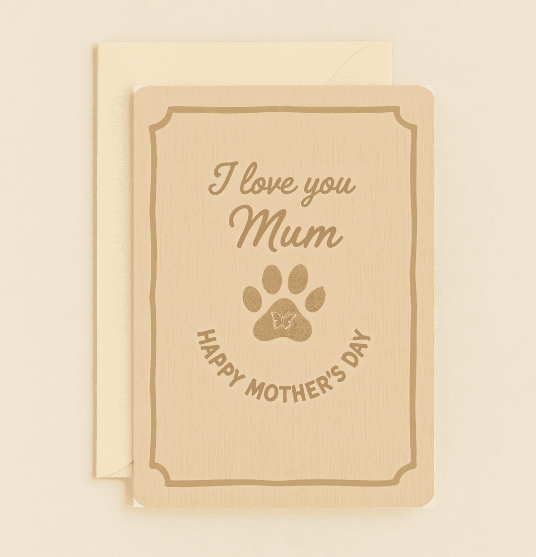 Celebrate Mother's Day with a heartfelt, rustic card featuring a paw print and butterfly design on a wooden texture, perfect for expressing your love for Mum.