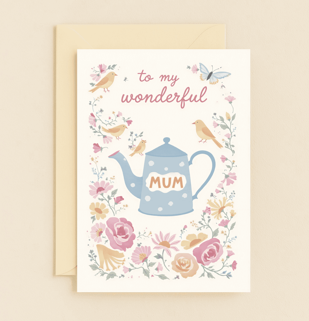 Celebrate Mother's Day with a pastel greeting card featuring a charming teapot, floral wreath, and delicate birds, perfect for your wonderful mum.