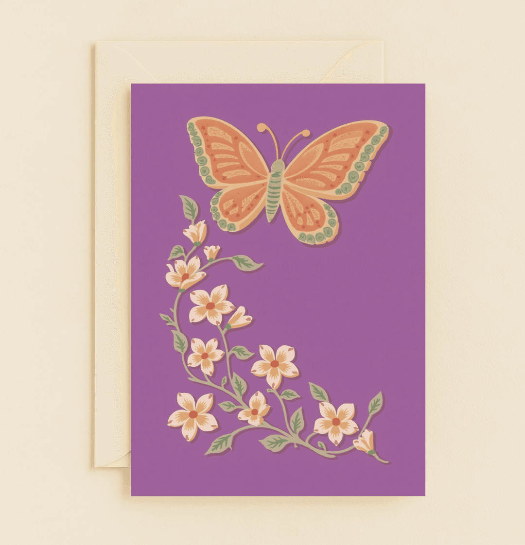 Celebrate Mother's Day with the Butterfly Blooms card, featuring vibrant butterflies, flowers, and swirling leaves on an elegant purple backdrop.
