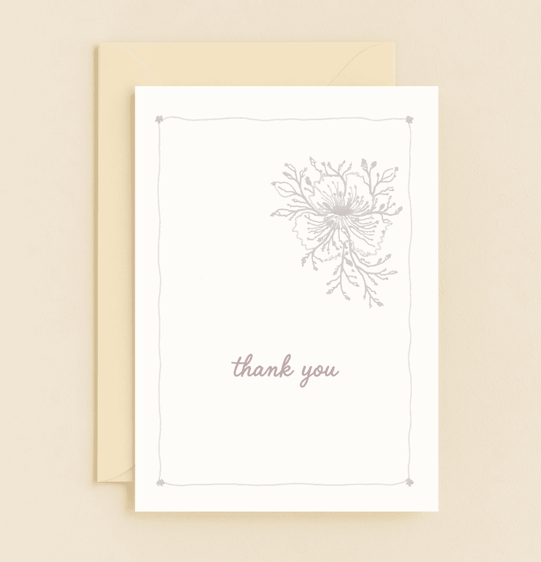 Express your appreciation with our Elegant Floral Gratitude card, featuring minimalistic chrysanthemum and dahlia artwork and a heartfelt cursive "thank you.