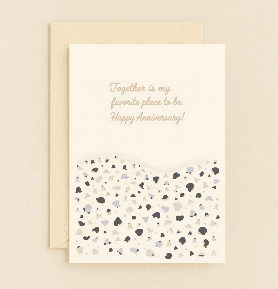 Celebrate your anniversary with a minimalist card featuring abstract shapes and stars, highlighting a heartfelt cursive message of togetherness.
