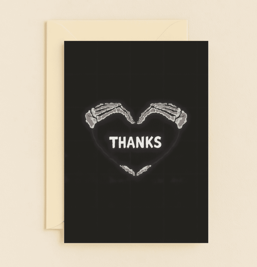 Express gratitude with a dark twist using our "Grateful to the Bone" card, featuring skeleton hands forming a heart, perfect for fans of Gothic humor.