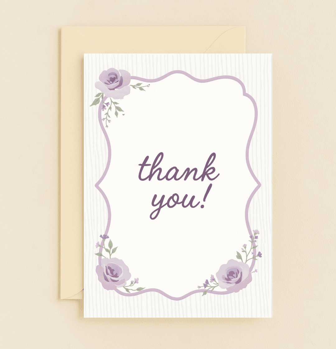 Express your heartfelt thanks with the "Floral Whispers of Gratitude" card, featuring elegant purple roses and a cursive "thank you" in a classy floral design.
