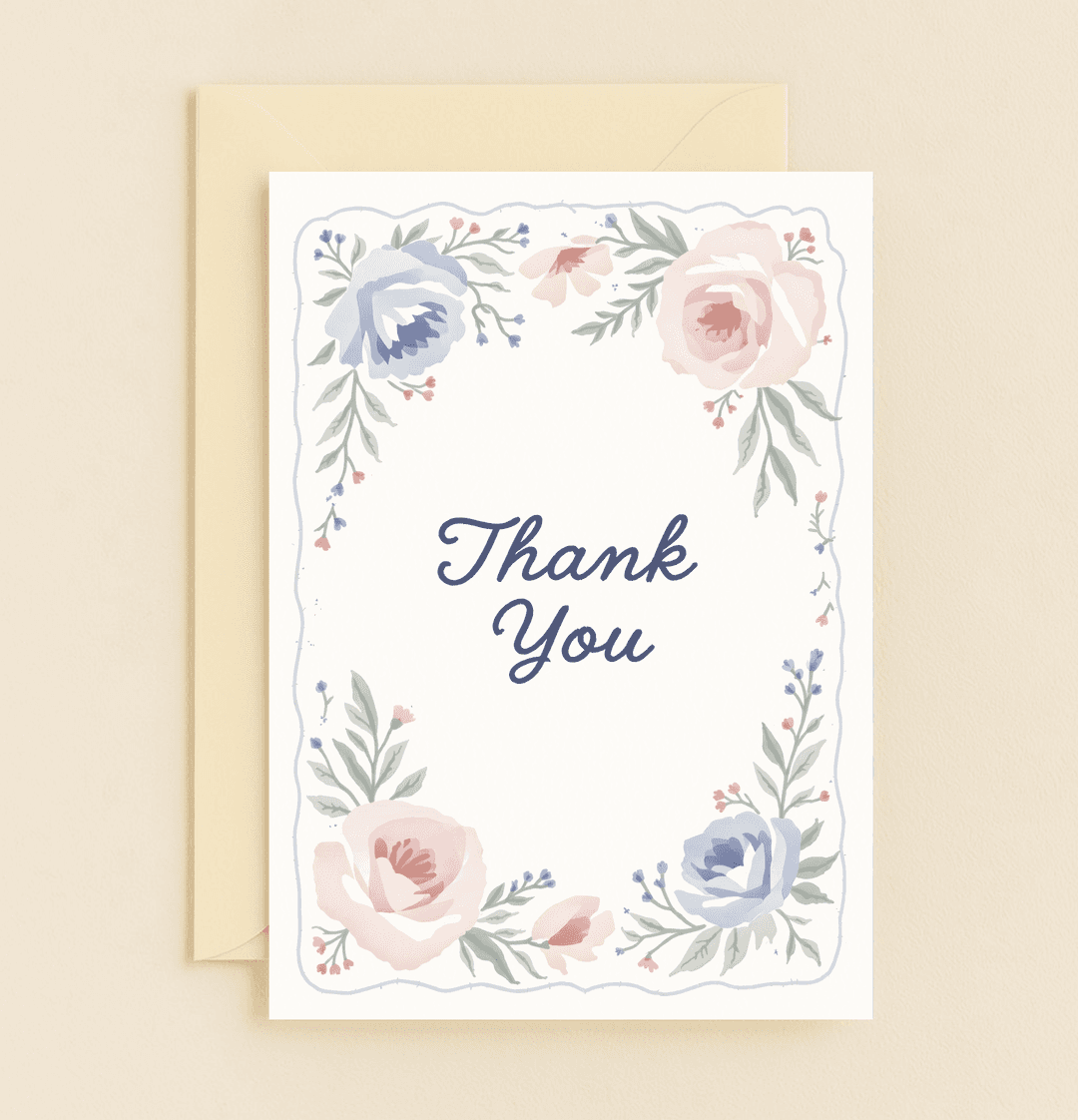 Express your heartfelt thanks with the "Blossoms of Gratitude" card, featuring elegant watercolor flowers in soothing pastel hues and a refined floral border.