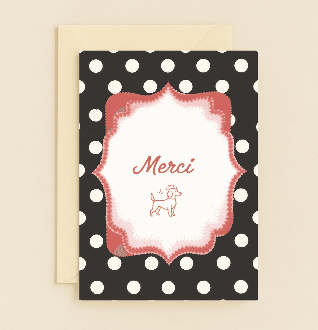 Express gratitude with the playful elegance of our "Polka Dot Pooch Appreciation" card, featuring a chic French "Merci" and charming dog design.