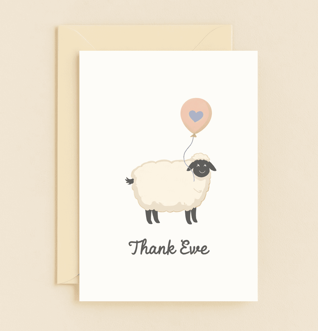 Send a heartfelt "Thank Ewe" with this charming card featuring a playful sheep holding a heart-adorned balloon, perfect for pun-loving friends.
