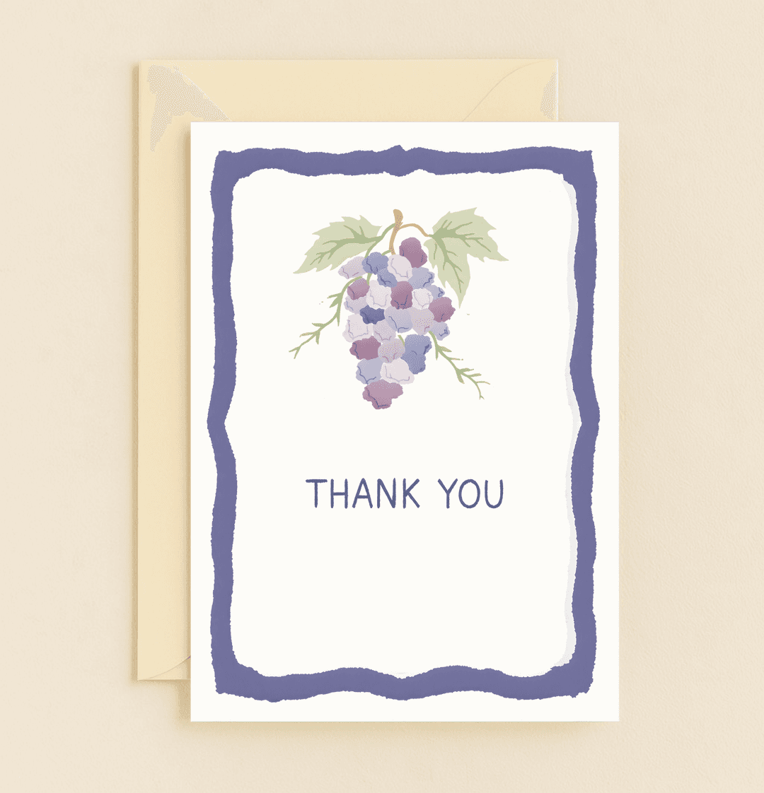 Express your heartfelt thanks with "A Grapevine of Gratitude," featuring elegant watercolor grapes and a refined font framed in a decorative purple border.