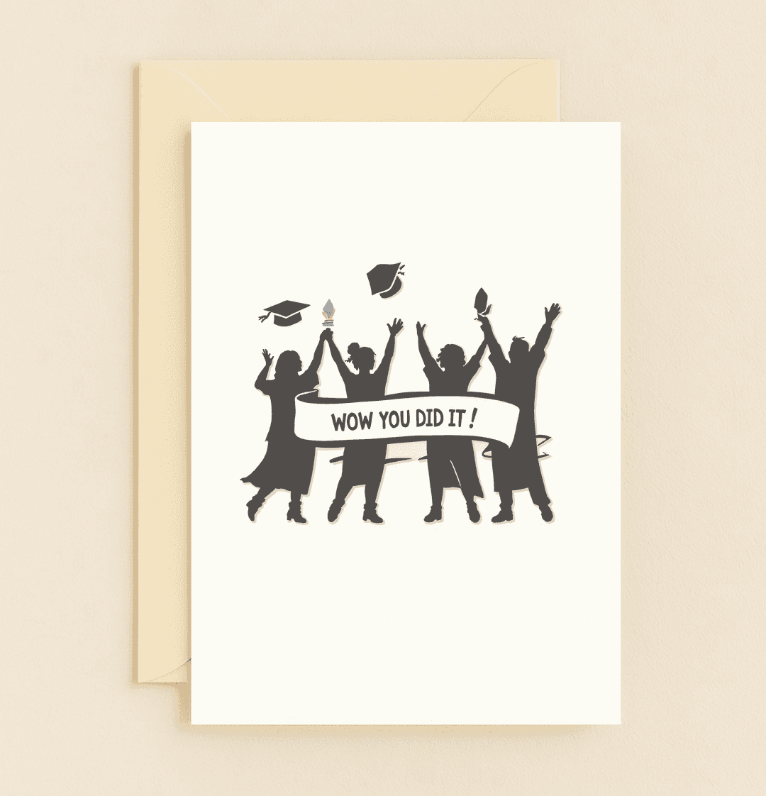 Celebrate their epic graduation success with a fun silhouette design of graduates tossing caps, featuring a joyful "WOW YOU DID IT!" banner.