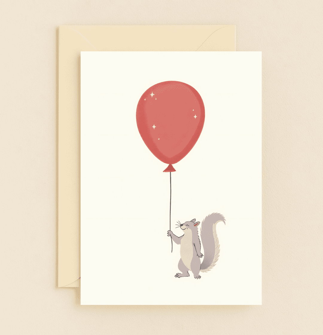 Delight in a whimsical birthday greeting as a cheerful squirrel floats on joyful wishes, holding a vibrant red balloon adorned with starry sparkles.