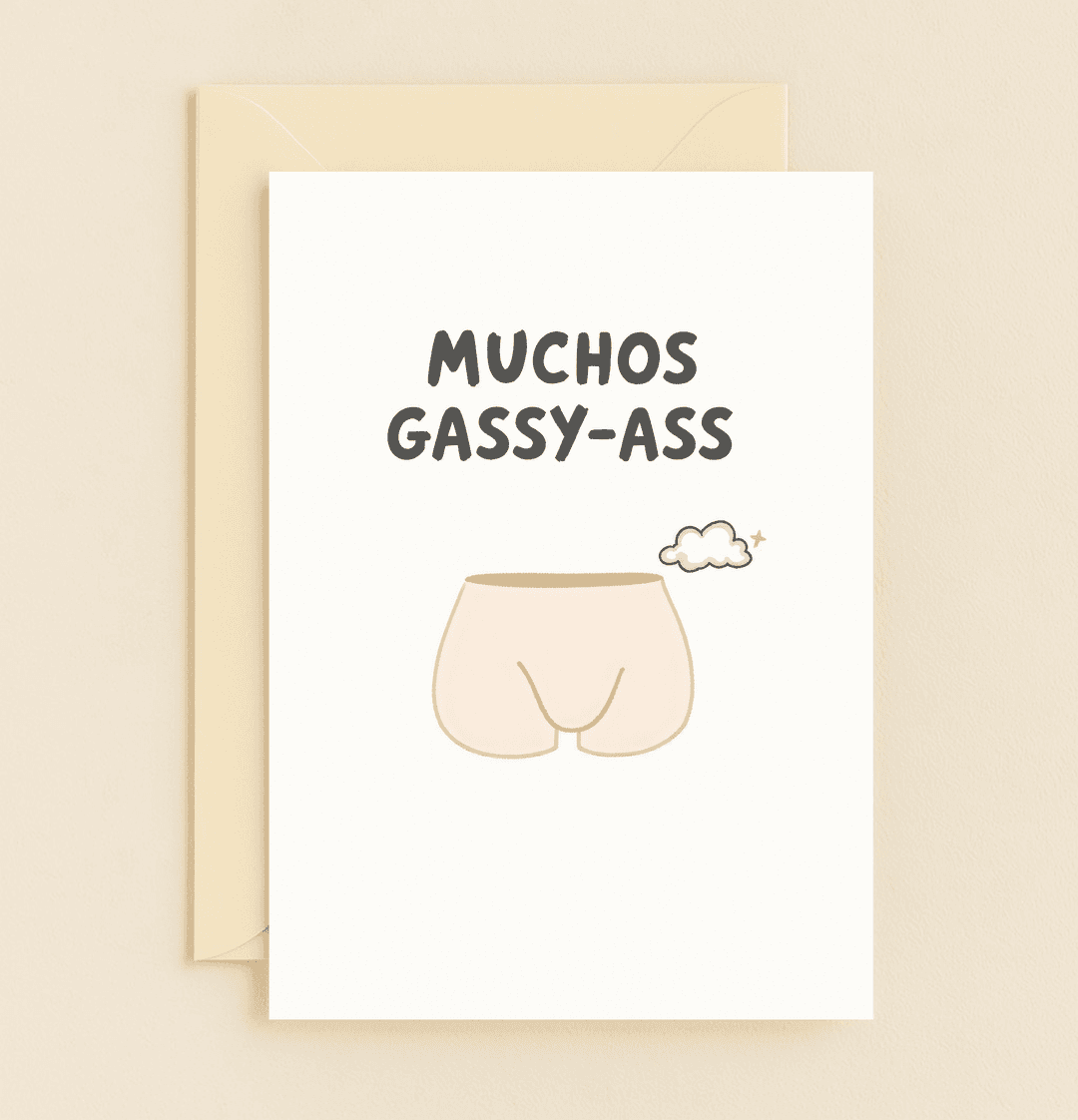 Express your gratitude with a cheeky twist in this pun-filled thank you card featuring whimsical cartoon buttocks and a gassy cloud.