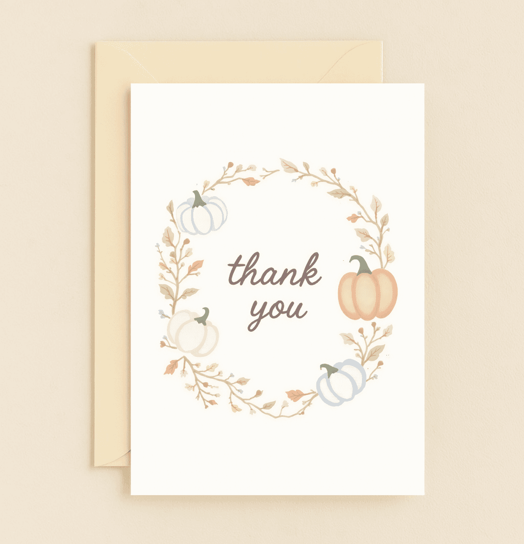 Celebrate gratitude with "Autumn's Grateful Embrace," a thank you card featuring an elegant wreath of pumpkins and fall foliage in warm, autumnal hues.