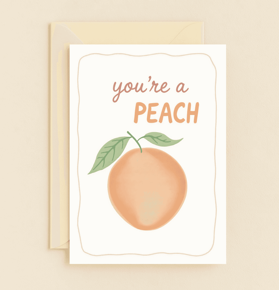 Express gratitude with a whimsical touch using this peach-themed card, featuring playful puns and a minimalist design in soft, inviting colors.