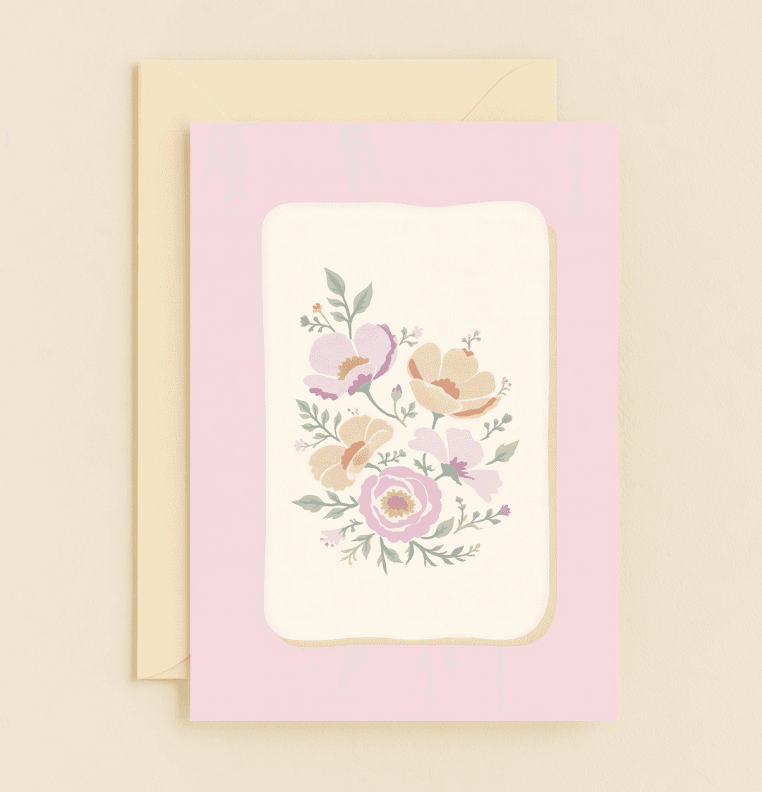 Celebrate Mother's Day with the "Blooming Love in Pastel Hues" card, featuring an elegant, hand-painted floral design in soft, vintage-inspired colors.