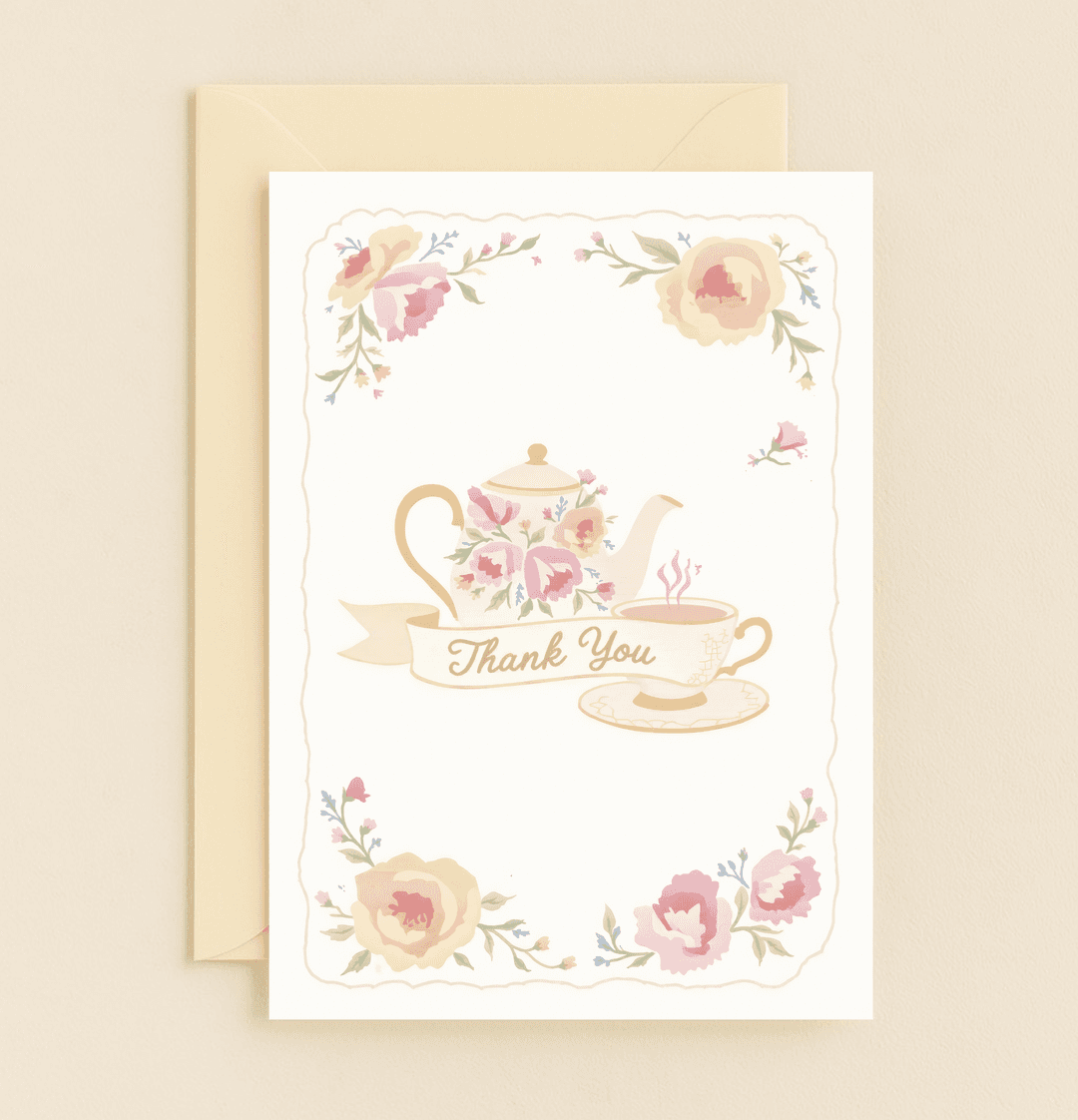 Express heartfelt gratitude with this vintage-inspired greeting card featuring a floral teapot and teacup design in soft pastel hues.
