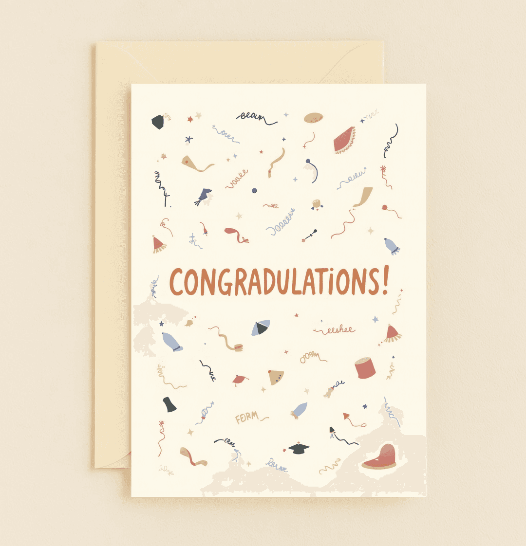 Celebrate your graduate's achievement with a whimsical card featuring playful puns, vibrant illustrations, and a cheerful "CONGRADULATIONS!" message.