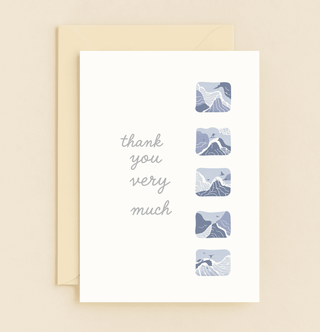 Express heartfelt thanks with "Waves of Gratitude," featuring serene abstract landscapes and birds in calming blues for a minimalist touch of nature.