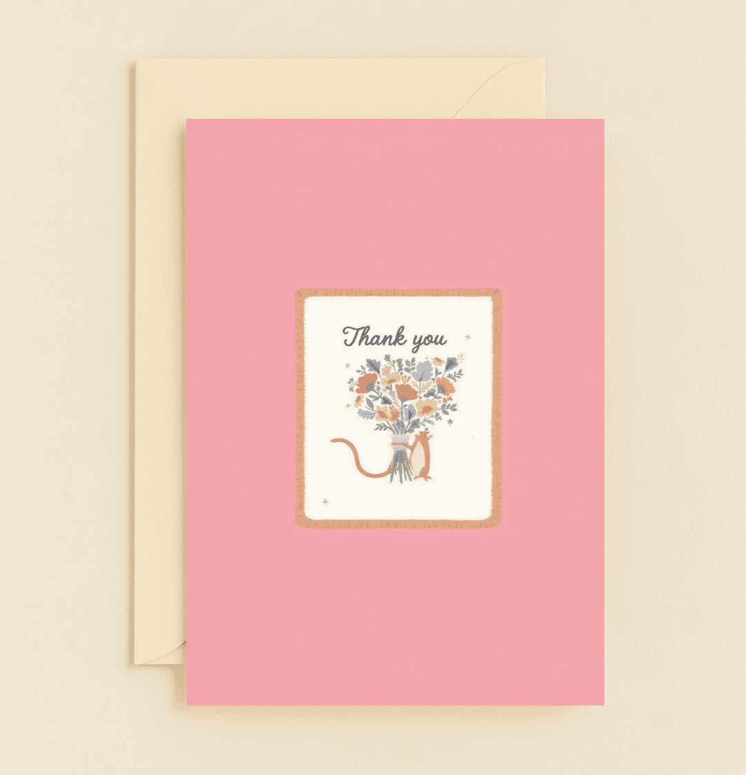 Express heartfelt thanks with this charming card featuring a cute squirrel presenting a vibrant bouquet on a delightful pink background.