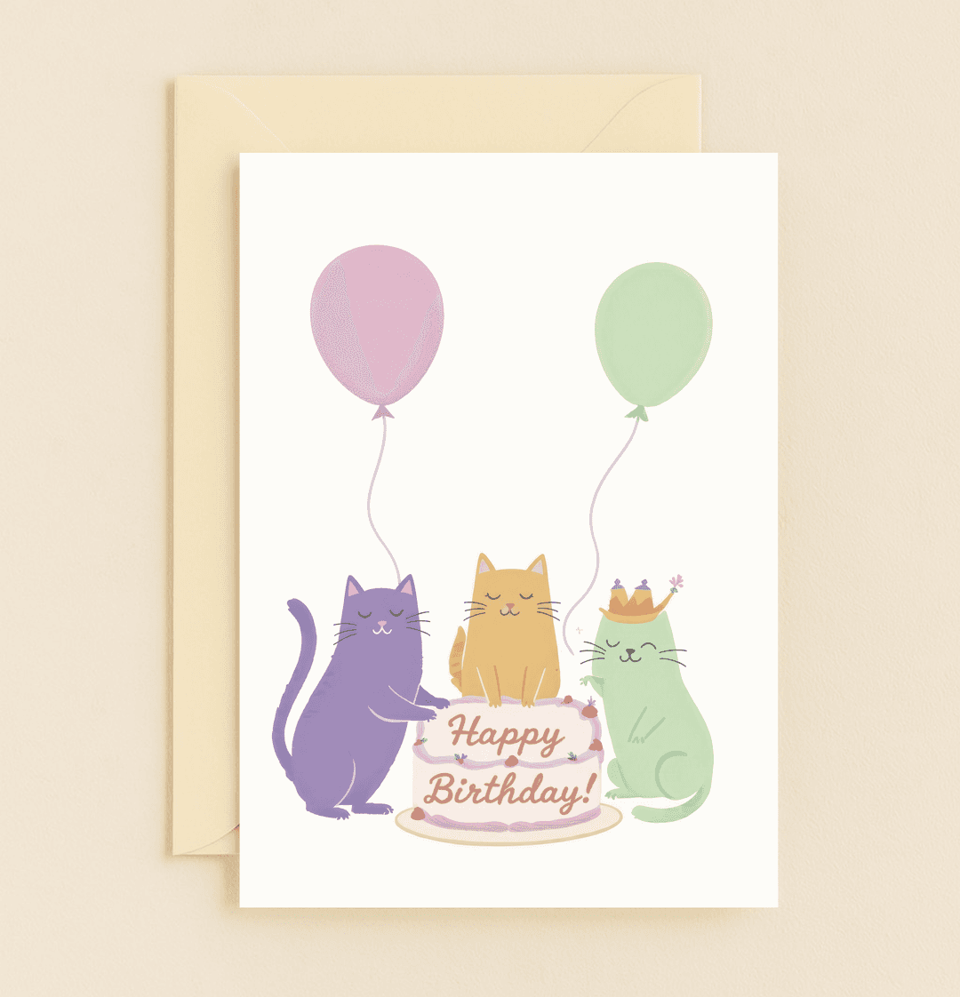 Celebrate a purr-fect birthday with this playful card featuring colorful cats, a crown-topped cake, and cheerful balloons, all wrapped in fun wordplay.