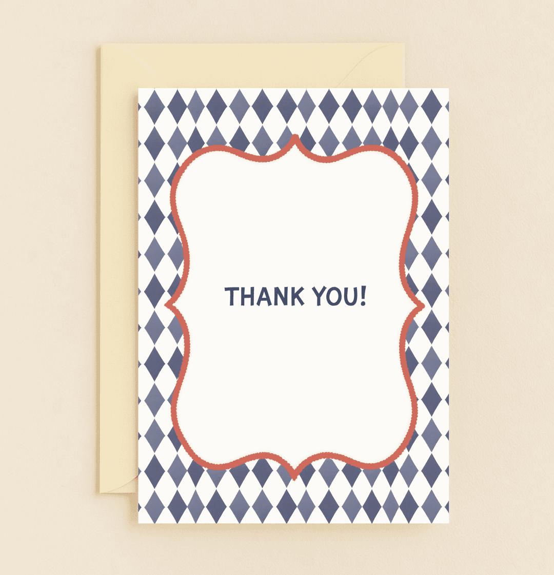 Grateful Hearts, Bright Thanks: Express your gratitude with this elegant thank you card featuring a harlequin pattern, scalloped border, and bold blue lettering.