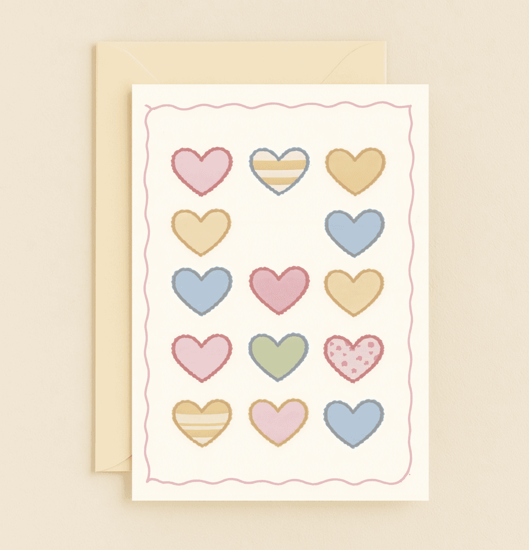 Celebrate Mother's Day with a card featuring a delightful grid of pastel hearts in stripes and polka dots, framed by a charming pink wavy border.
