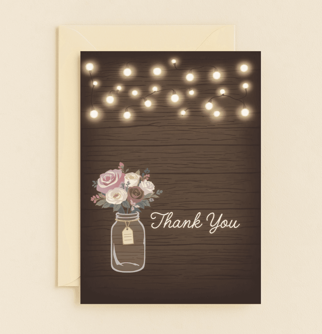 Express heartfelt gratitude with this elegant card featuring a rustic bouquet in a mason jar, illuminated by string lights on a wooden background.