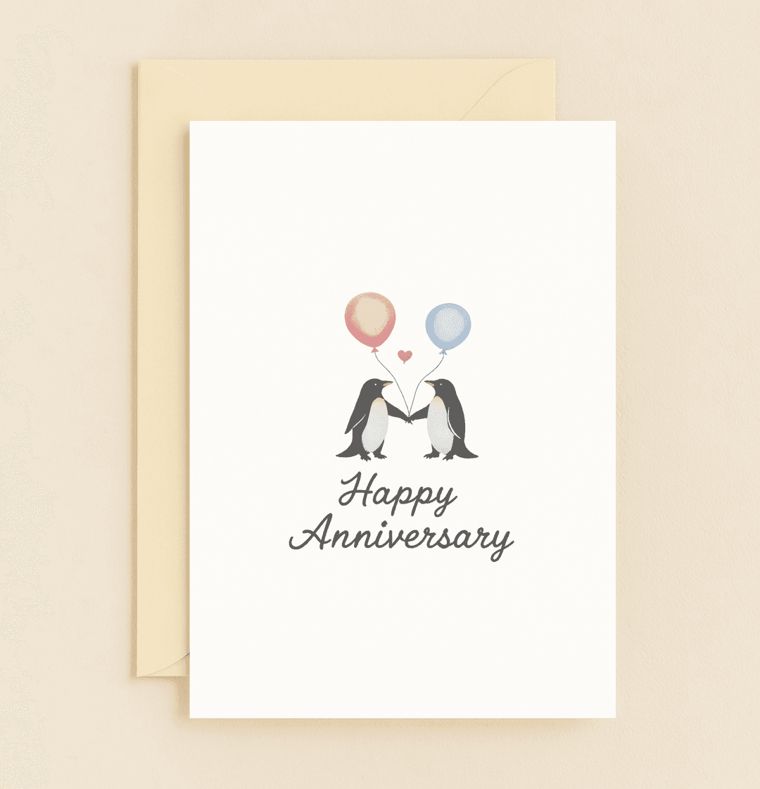 Celebrate your anniversary with adorable penguins, colorful balloons, and a charming heart, capturing simple elegance and love in every detail.