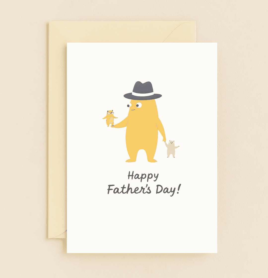 Celebrate Father's Day with a whimsical card featuring playful cartoon creatures and a fedorable hat, perfect for light-hearted family bonding.