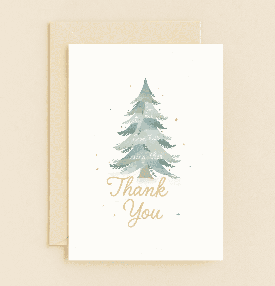 Express your heartfelt thanks with "Natureโs Gratitude in Bloom," featuring a watercolor pine tree and whimsical stars on an elegant, white background.