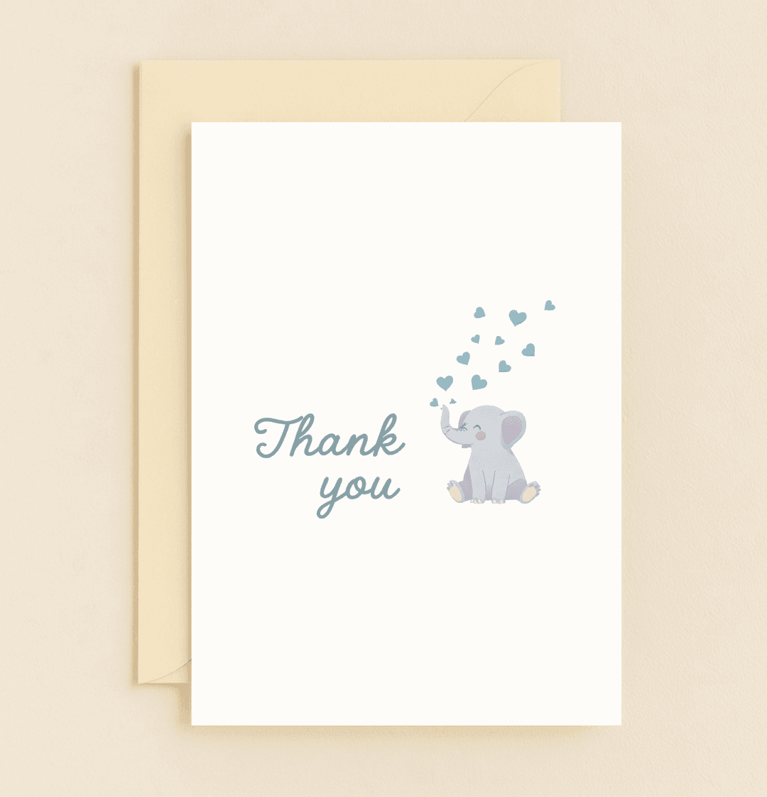 Express gratitude with a minimalist greeting card featuring a cute elephant joyfully spraying blue hearts, complete with stylish cursive "Thank you.