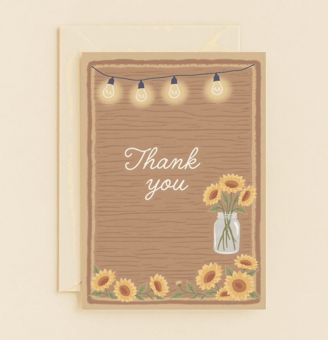 Illuminate your gratitude with this rustic thank you card, featuring glowing light bulbs, vibrant sunflowers, and a charming mason jar design.