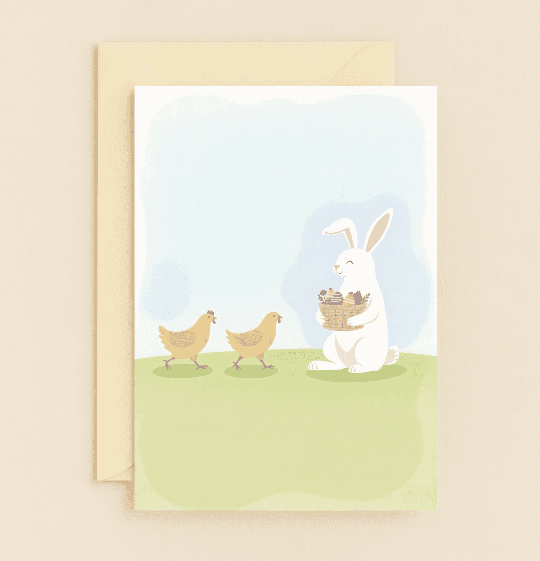 Celebrate Easter with a whimsical card featuring a playful bunny, cheerful chickens, and a basket of beautifully decorated eggs in a pun-filled spring scene.