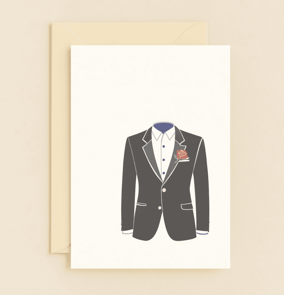 Celebrate your timeless love with this sophisticated anniversary card featuring a formal black suit adorned with a red rose boutonnière.