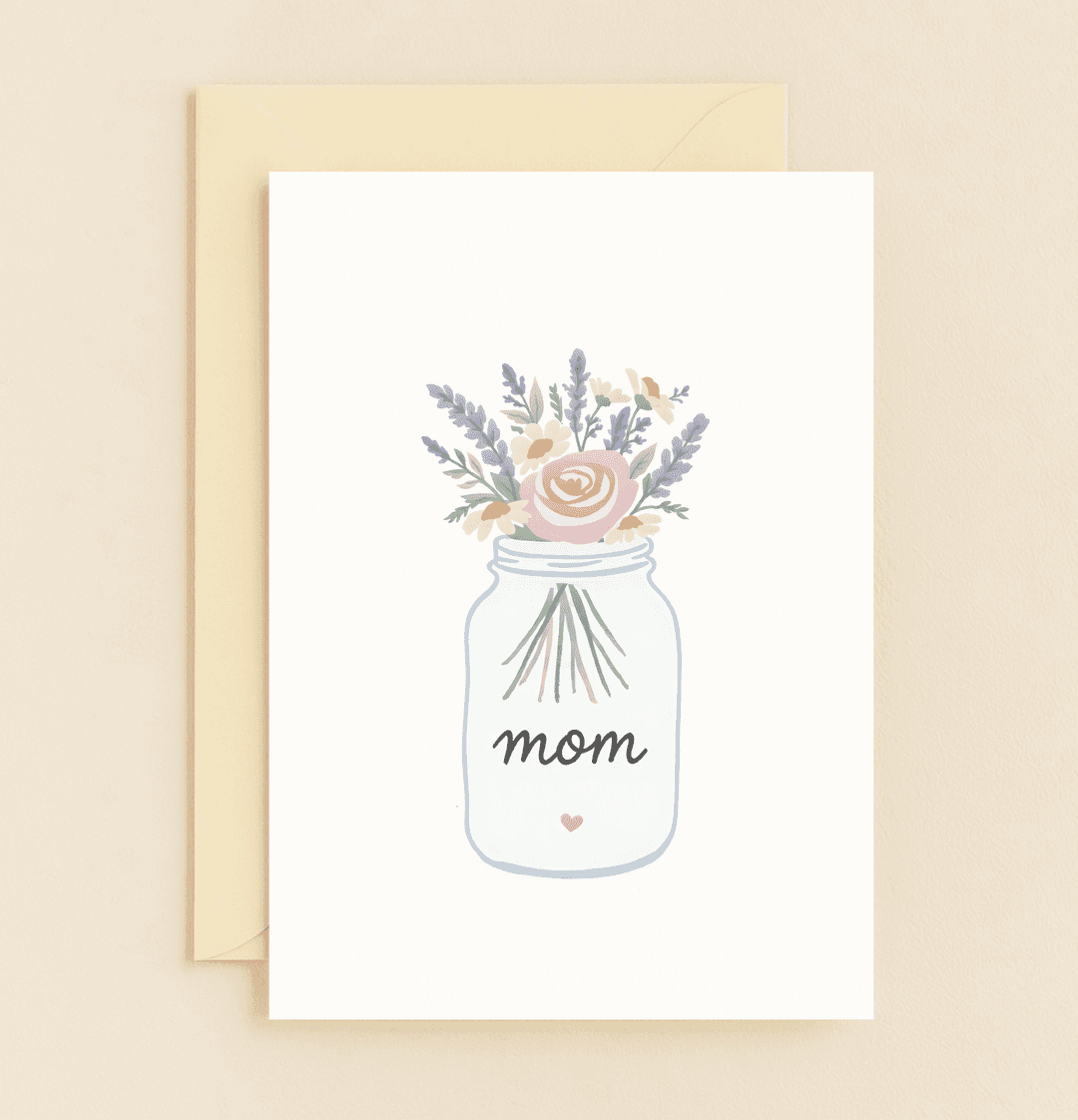 Celebrate Mother's Day with "Blooming Love for Mom," a pastel watercolor card featuring a jar of roses, daisies, and lavender, embodying love and appreciation.