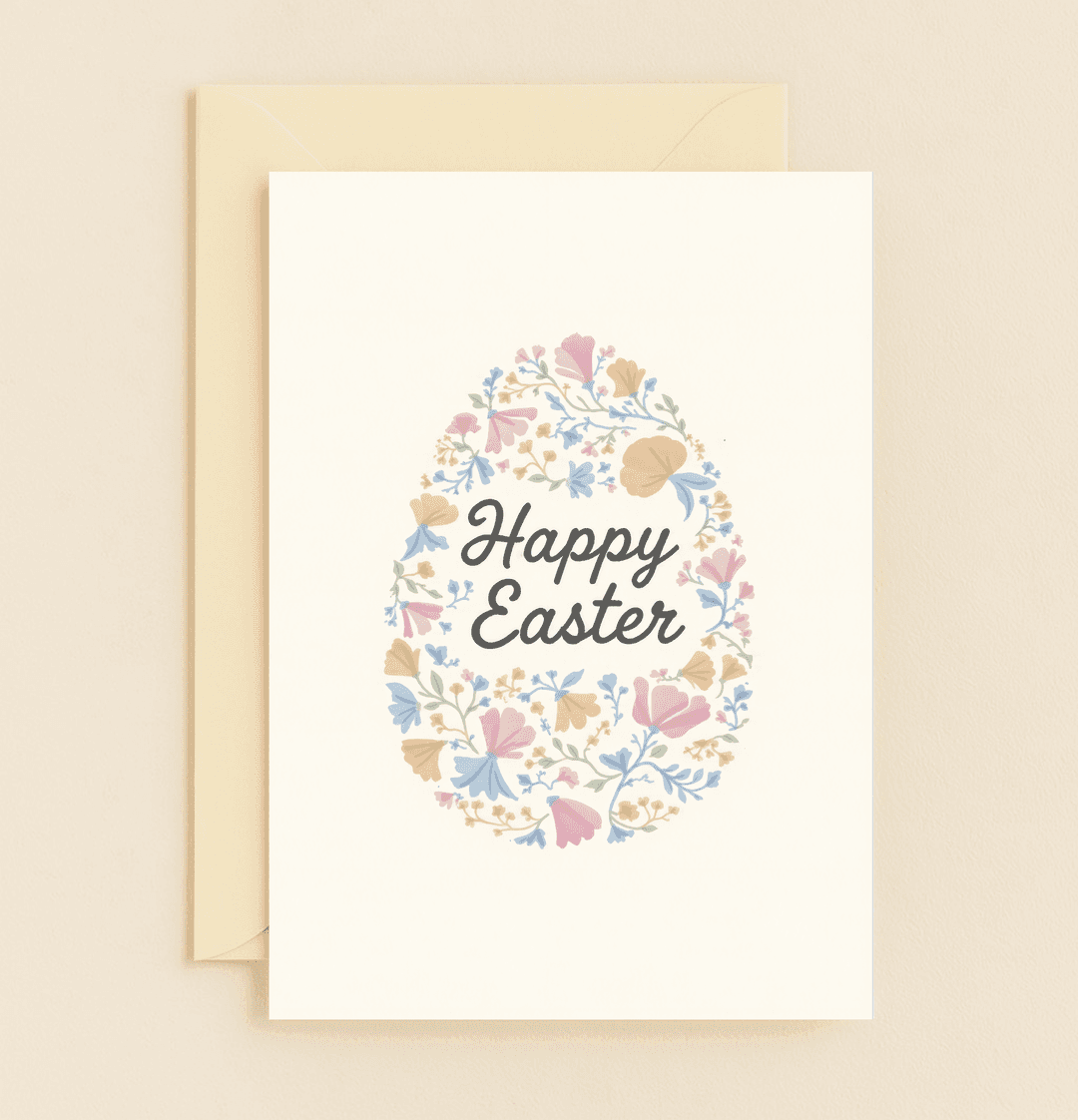 Celebrate Easter with a pastel greeting card featuring a floral egg design and elegant "Happy Easter" script that brings springtime cheer.