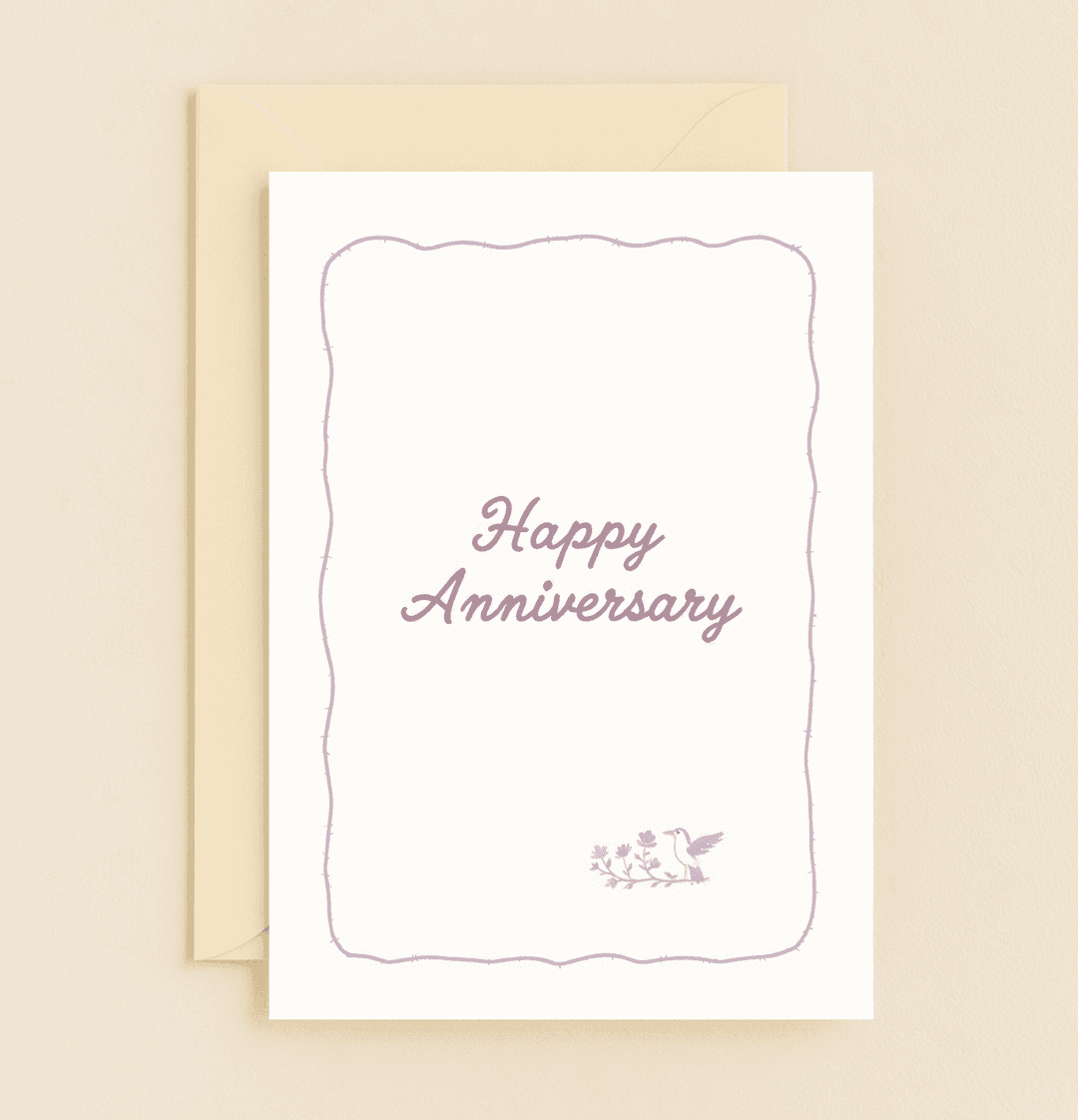 Celebrate an anniversary with "Love's Sweet Symphony Awaits," featuring a minimalist, elegant design of a hummingbird and lavender flowers in nature's embrace.