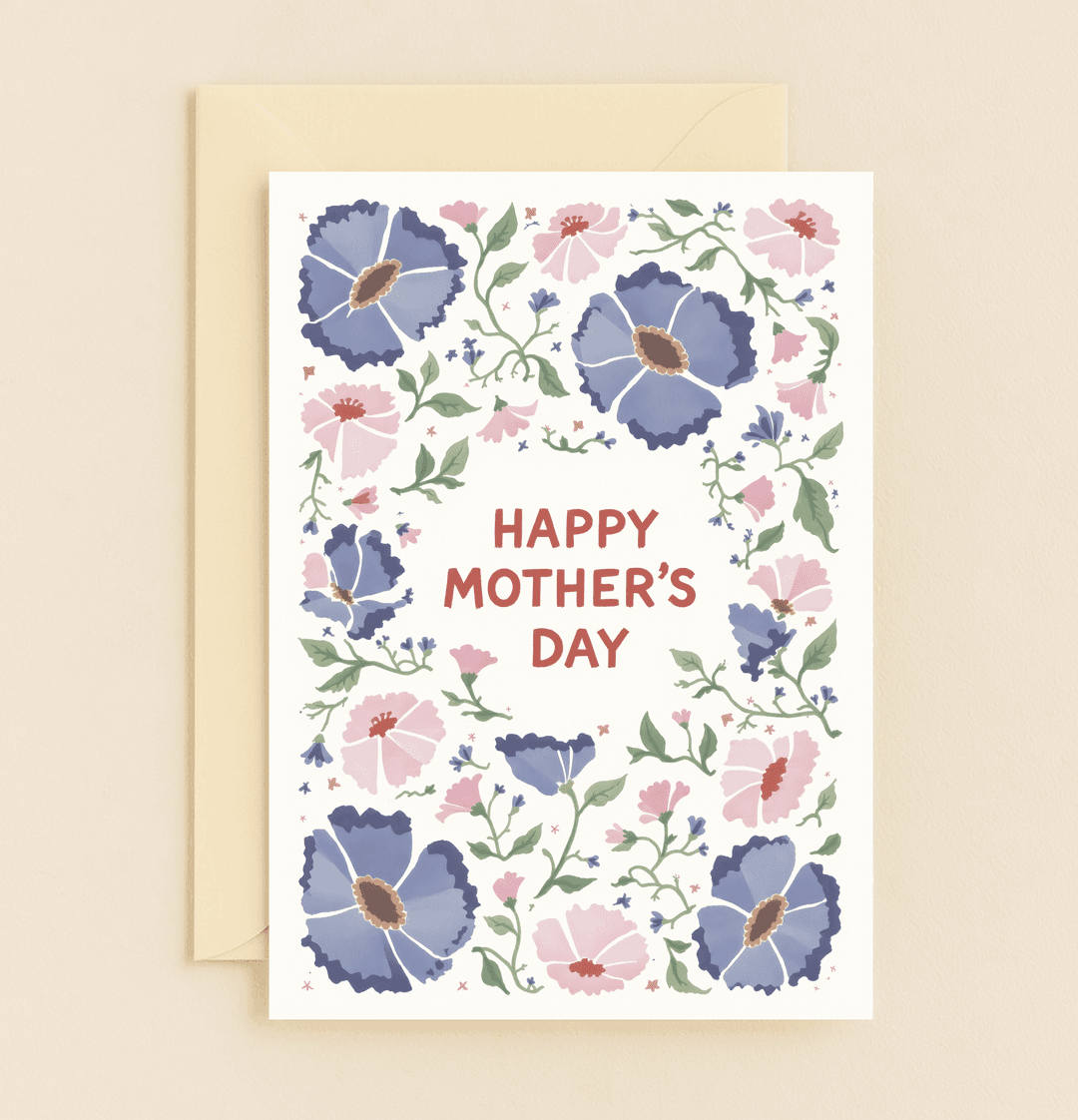 Celebrate Mother's Day with a vibrant watercolor card featuring blue and pink floral borders and bold "HAPPY MOTHER'S DAY" text.