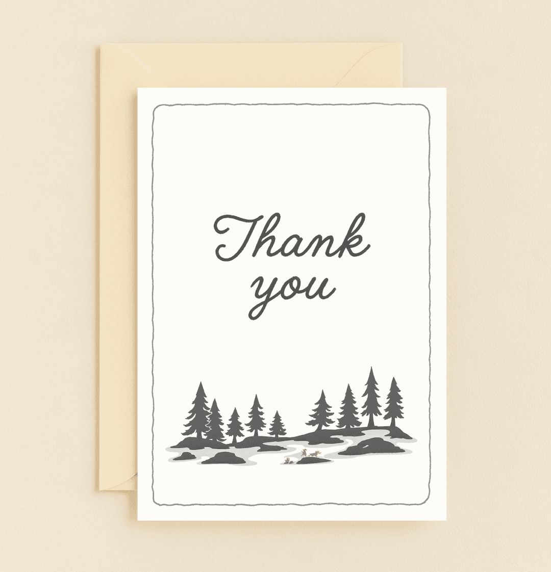 Embrace nature's elegance with our Winter Whisper of Gratitude card, featuring a minimalist hand-drawn winter scene, perfect for expressing heartfelt thanks.