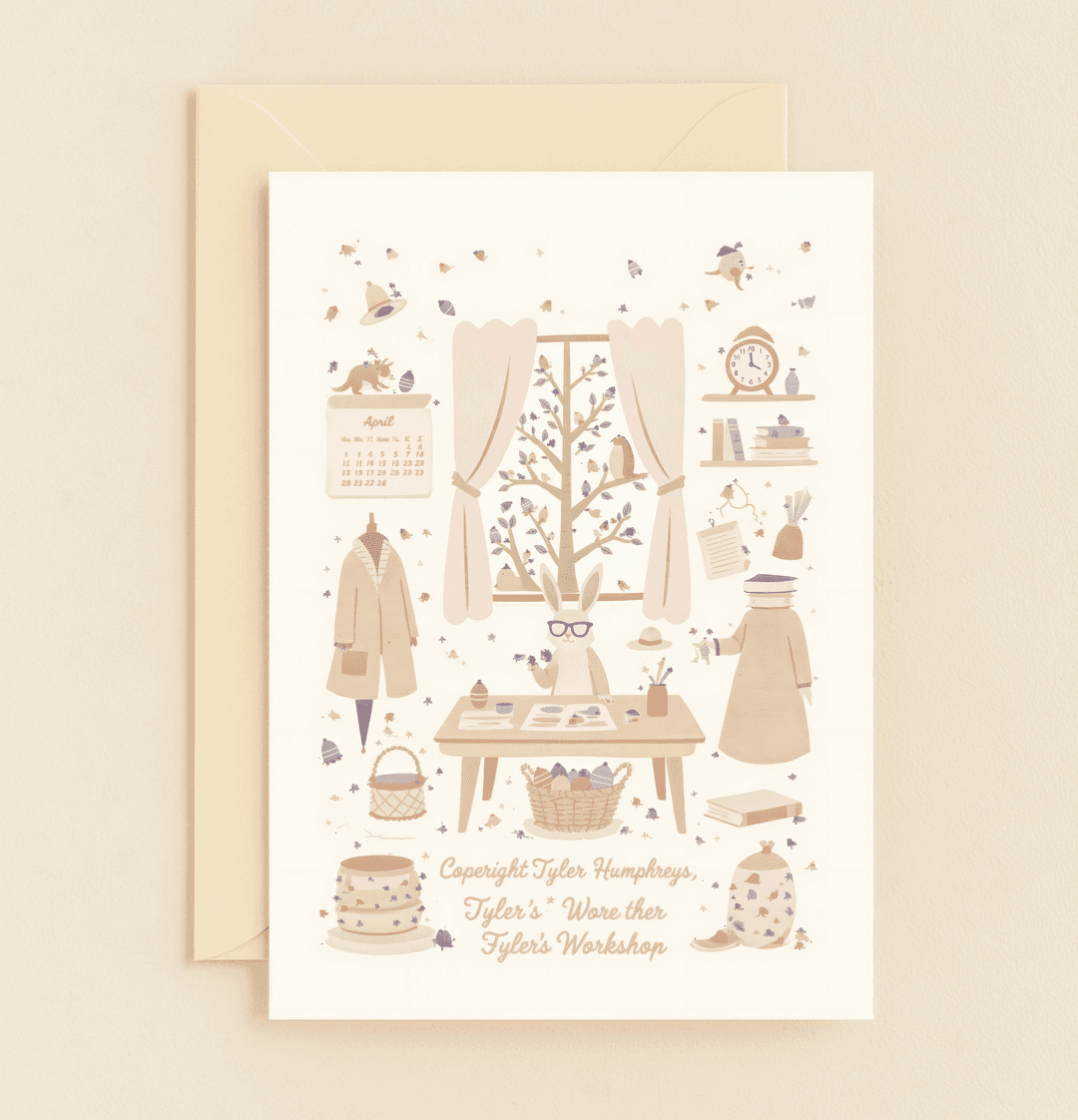 Celebrate Easter with a whimsical card featuring a bespectacled bunny painting eggs in a pastel art studio, surrounded by birds and springtime cheer.